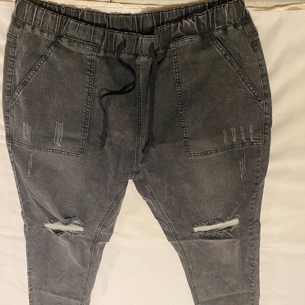 Women's Ripped Denim Pants with Elastic Waistband B94 Gray, Size M